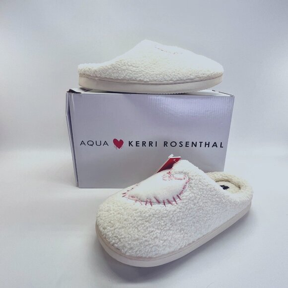 Aqua x Kerri Rosenthal Smile Slippers Size L White Terry Cozy Mule Slip-On - Picture 1 of 16